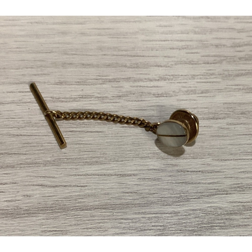 Goldtone Tie Tack‎ w/ White Stone Oval Shaped Vintage